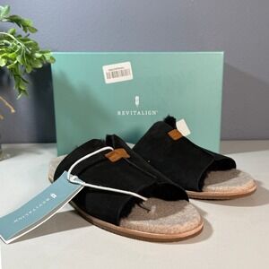 Revitalign Spruce Sher Slip Women Black Fur Lined Comfort Slides EUC‎ Size 11